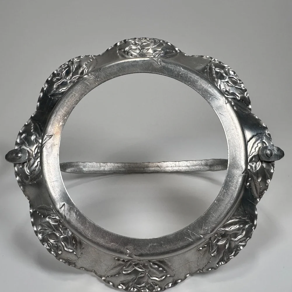 VTG Hand Wrought Hammered Aluminum Server Divided Glass Dish w/ Handle Floral 7